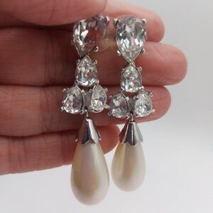 Vintage  Christian Dior 2.5"  Drop Rhinestone, Pearl Teardrop Earrings very rare